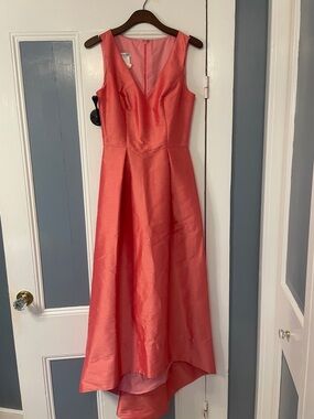 Alfred Sung D587 V-Neck Sleeveless High Low Evening Gown in Papaya Coral Pink